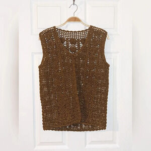 Crochet Knit Sweater Vest With Women's Bronze Brown Elegant Festival Medium NWOT